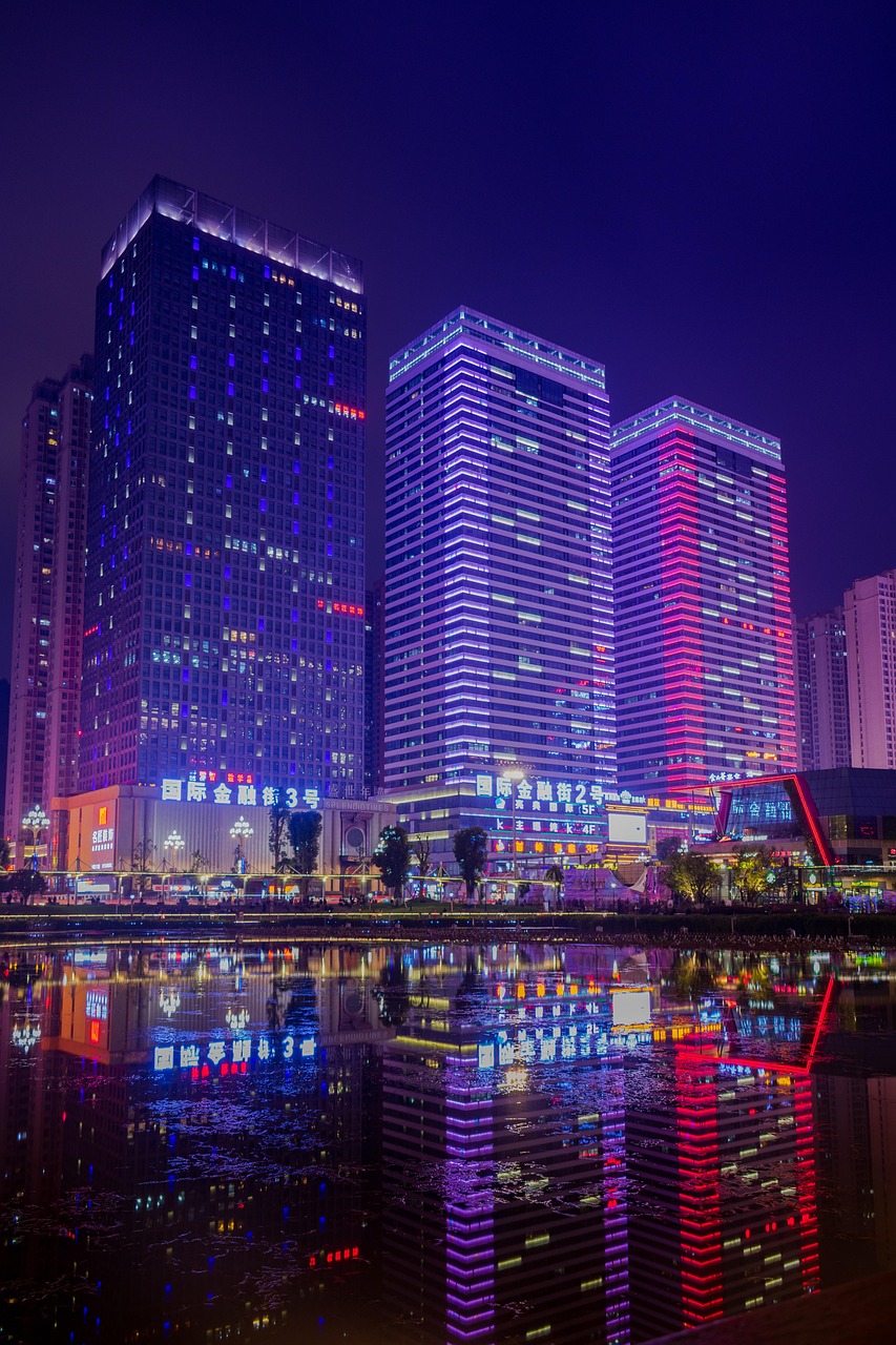 china, guizhou, guiyang, the flower orchard, the flowers of the orchard community, flower orchard international financial street, city, night view, the flower orchard at night, building, night, flower orchard wetland park, reflection